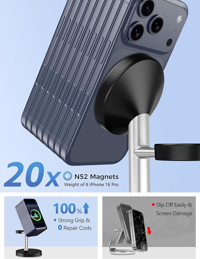Aeinidi 2026 3 in 1 Wireless Charging Station Compatible with MagSafe Charger Stand, 15W Fast Magnetic Mag-Safe Charger for iPhone 17 16 15 14 13 12 Series Apple iWatch AirPods Pro 4 3 2