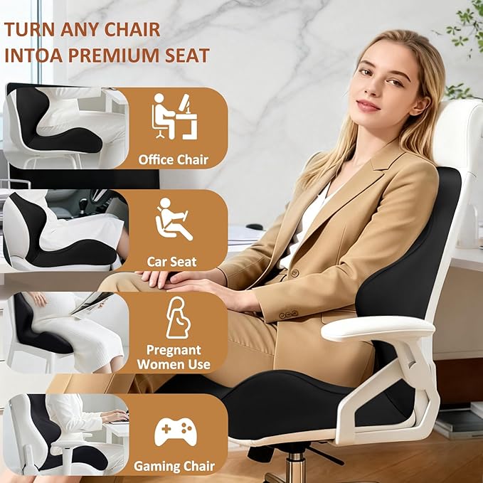 Seat Cushion with Back Support,Lumbar Support Pillow for Office Chair,office chair cushion for Sciatica and Hemorrhoid Relief,Tailbone Pain，Memory Foam Seat Cushion with L-Shaped Ergonomic Design