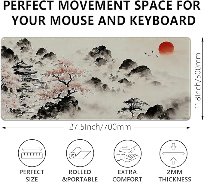 Japanese Ink Painting Mouse Pad Desk Pad, 27.5x11.8 in Japanese Style Mouse Pad Extended Keyboard Mousepad with Stitched Edges, Waterproof Non-Slip Rubber Base for Office Computer Laptop Home
