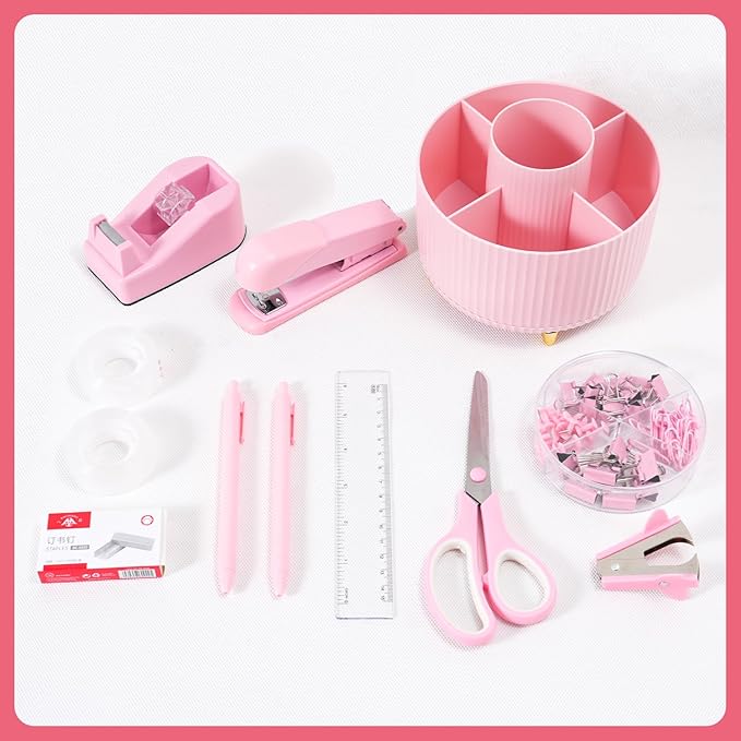 Pink Desk Accessories 12Pcs Set, Cute Office Supplies Decor for Women, 360° Rotating Pen Holder Organizer with Stapler, Tape Dispenser, Staple Remover, Staples, Tape, Clips Set, Ruler, Scissor, Pen