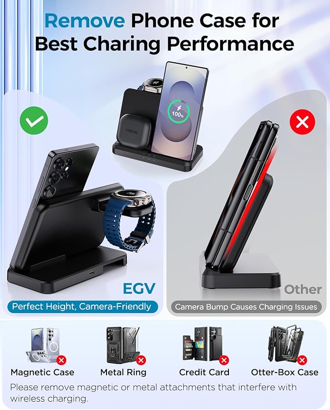 Wireless Charger for Samsung – 3 in 1 Wireless Charging Station for Galaxy S26 Ultra S25 S24, Z Fold Flip 7/6, Detachable Watch Charger for Galaxy Ultra 8/7/6, Foldable, Fast Charging, No Adapter