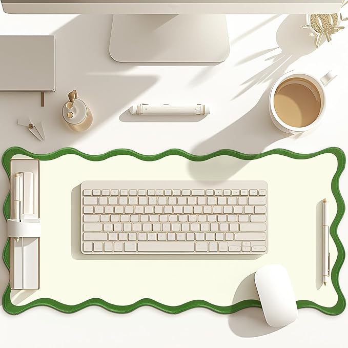 Hahafelt Scalloped Desk Mat Large Desk Pad Cute Coquette Table Mat Aesthetic Preppy Table Make up Pad Nonslip 2026 Graduation Gift with Stitching Waterproof Gaming(Green,23.6 x 13.8 Inches)
