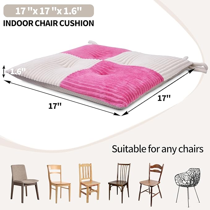 Office Stacking Chair Cushion with Ties, Corduroy High Density Foam Non-Slip Kitchen Seat Cushion, Square 17" x 17" Indoor Dining Chair Pads, White + Pink, 1 PCS