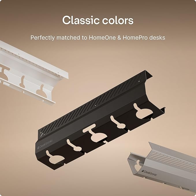Desktronic Cable Duct Desk Black Set of 2 - Stainless Steel Cable Management Desk Cable Duct with 5 Cable Cut-Outs - Easy to Install Cable Organiser - Cable Holder