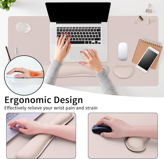 Desk Mat Set， Wrist Rest for Computer Keyboard, 3-in-1 Large Mouse Pad and Keyboard Wrist Rest Set, Non-Slip Desk Mat Protector for Office, Home(27.5×13.8 Inches, CreamPI)