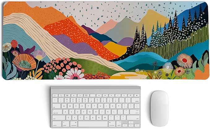 Abstract Colorful Boho Mountain Wildflower Mouse Pad,Aesthetic Nature Landscape Desk Mat,Spring Summer Botanical Forest Mousepad for Home Office Dorm Desktop Decor,31.5x11.8 Inch