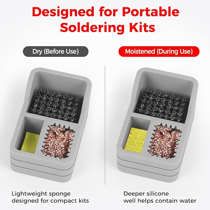 Soldering Iron Tip Cleaner Kit with Brass Wool, Sponge & Steel Brush in Gray Silicone Holder – Heat & Scratch Resistant Cleaning Tool for Soldering, Electronics Repair & DIY Projectst