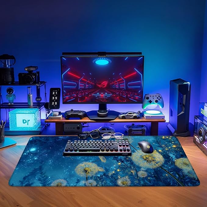 Dandelion Galaxy Extended Gaming Mouse Pad 35.4 x 15.7 Inch – Large Desk Mat for Gaming, Office Work, and Study, Featuring Dandelion and Cosmic Blue Theme with Non-Slip Rubber Base