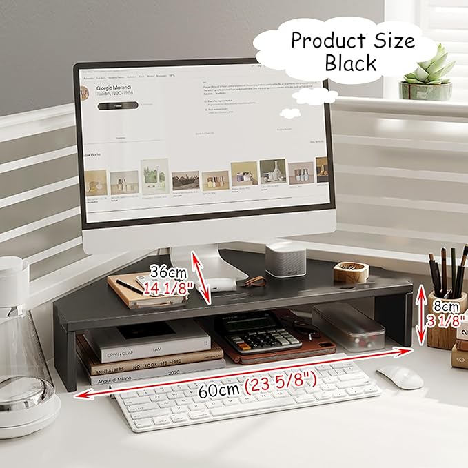 Corner Monitor Stand Wood Cut Triangle Corner Computer Stand, Desk Corner Monitor Riser with Storage Keyboard ＆ Mouse, Screen Stand Office Workspace Organizer ( Color : Black , Size : H-8cm(3 1/8") )