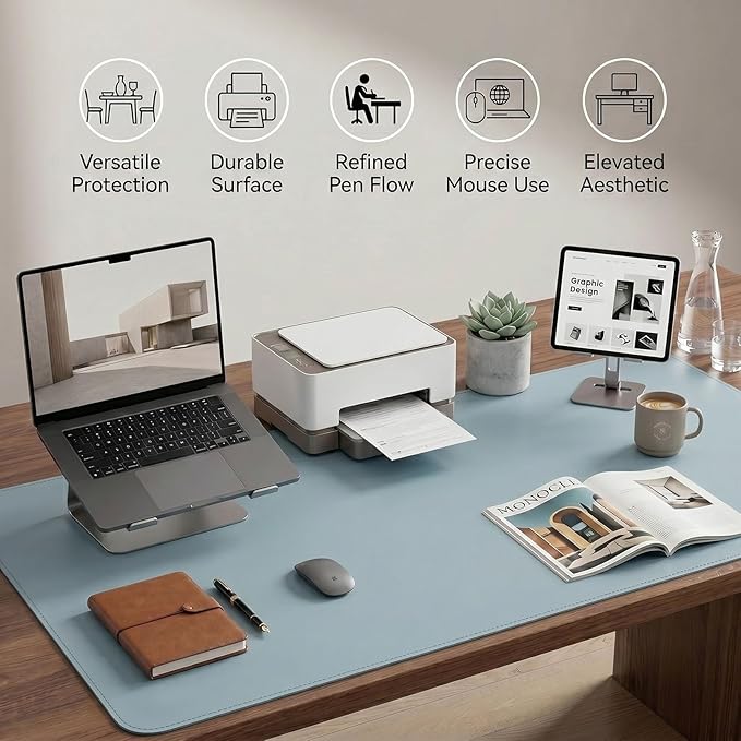 Large Desk Pad Non-Slip Desk Mat Protector for Keyboard Mouse Waterproof Vegan Leather Surface Faux Leather Laptop Mat Smooth Mouse Pad Premium Gift Tube Morning Fog Blue 55" x 23"