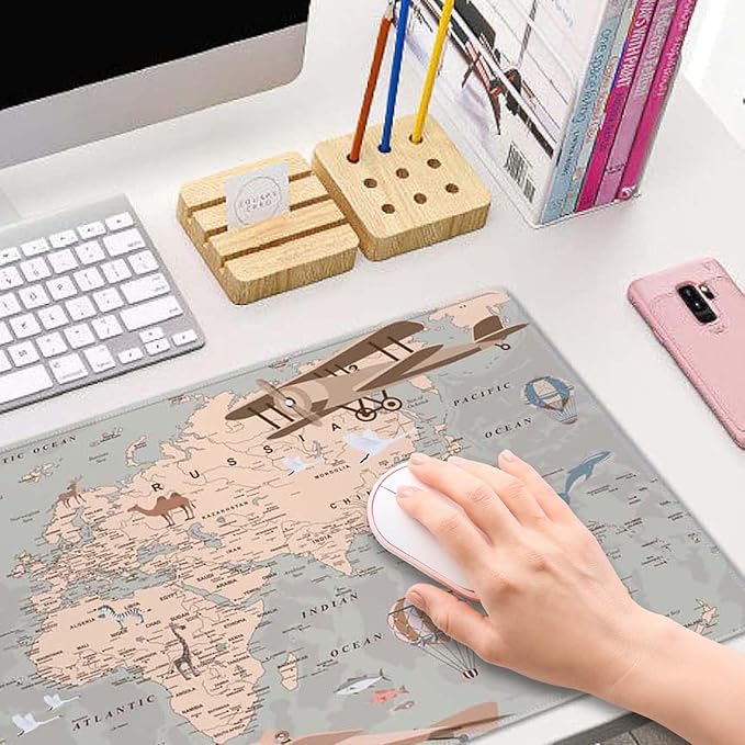 Mouse Pad Gaming, Large Mouse Pads, Non-Slip Rubber Base Mousepad, Keyboard Mouse Mat Desk Pad with Stitched Edges, 31.5x11.8 inch Retro World Map with Balloons and Animals
