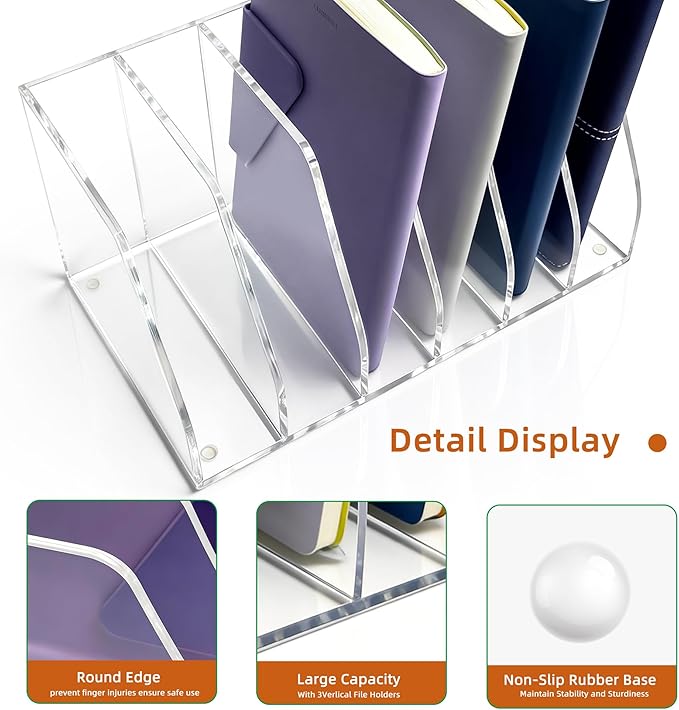 Acrylic Magazine File Holder, 6 Vertical Compartments Desk Document Sorter Organizer, Clear Folder Rack Binder for Office, Tablets, Magazines, Books – Home/Classroom Rack, 5mm Thick