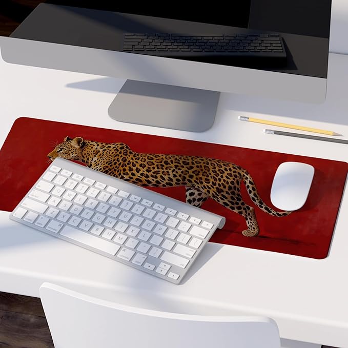 Vintage Red Leopard Large Mouse Pad,Bold Wild Animal Cheetah Desk Mat,Maximalist Luxury Aesthetic Wildlife Cat Mousepad for Home Office Dorm Decor,31.5x11.8 Inch