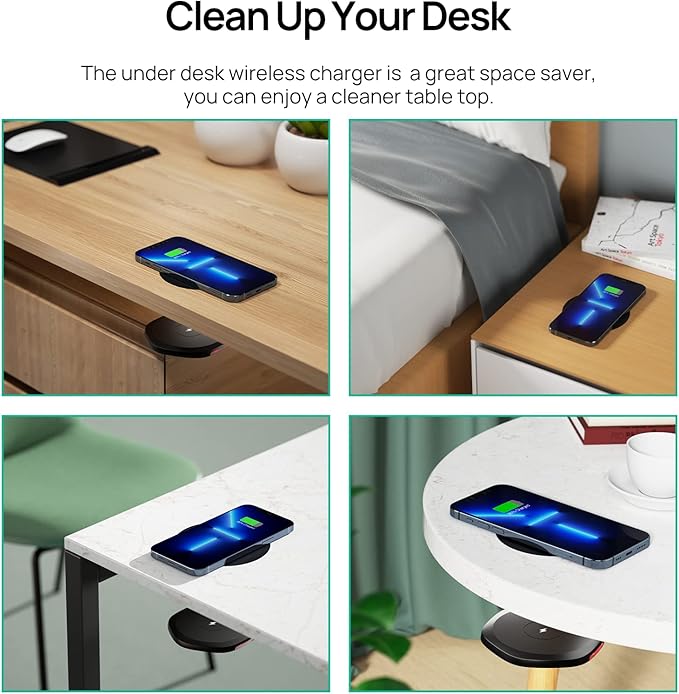 KPON Invisible Wireless Charger,30mm Under Desk Charger Mat, Furniture Table Nightstand Desktop Charging Station for iPhone17/16/15/14/13/12/Samsung/LG/Google Pixel Desk Essentials(with QC Adapter)