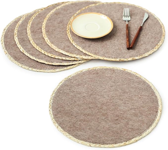 Noctiflorous 13 Inch Round Felt Placemats Set of 6 Heat Resistant Washable Non-Slip Table Place Mats for Kitchen Dining Table(Light Brown, 6)