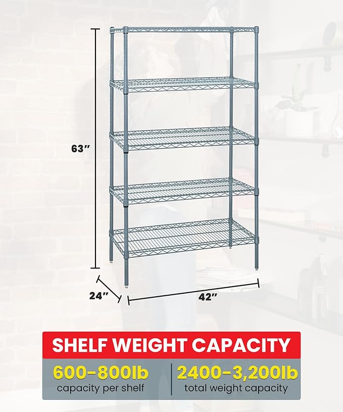 Quantum Storage Systems WR63-2442GY-5 Wire Shelving 5 Shelf Starter Units, 24" x 42" x 63", Gray Epoxy
