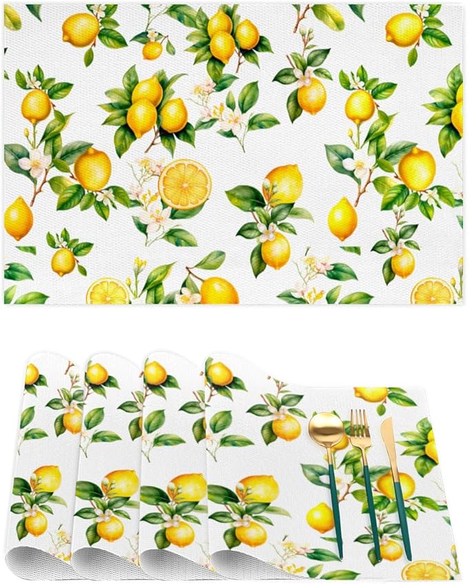 Placemats Set of 4 Heat-Resistant Rectangle Place Mats Tropical Lemon Washable Plastic PVC Dining Table Mat Non-Slip Wipeable Woven Vinyl Placemat for Kitchen Patio Table Decor