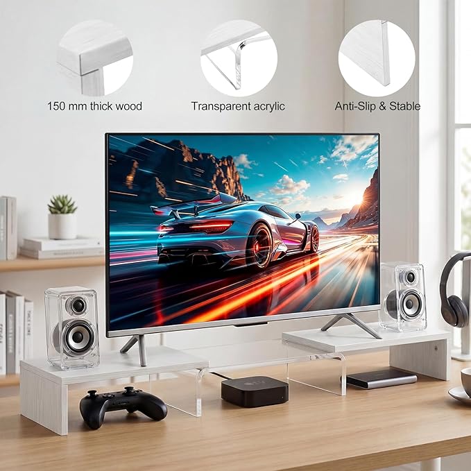 Dual Monitor Riser, Acrylic Monitor Riser with Keyboard Storage, Adjustable Angle & Length Computer Monitor Stand, Wide Desk Shelf for Top of Desk for Home Office_White Maple Look