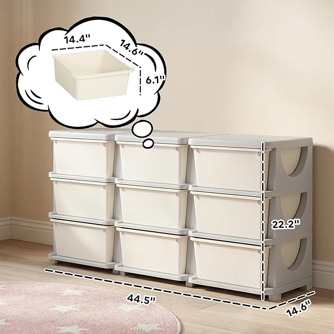 Qaba 3 Tier Kids Storage Unit, Toy Organizers and Storage with 9 Drawer Chest for Kids Bedroom Nursery Kindergarten Living Room for Boys Girls Toddlers, Cream White