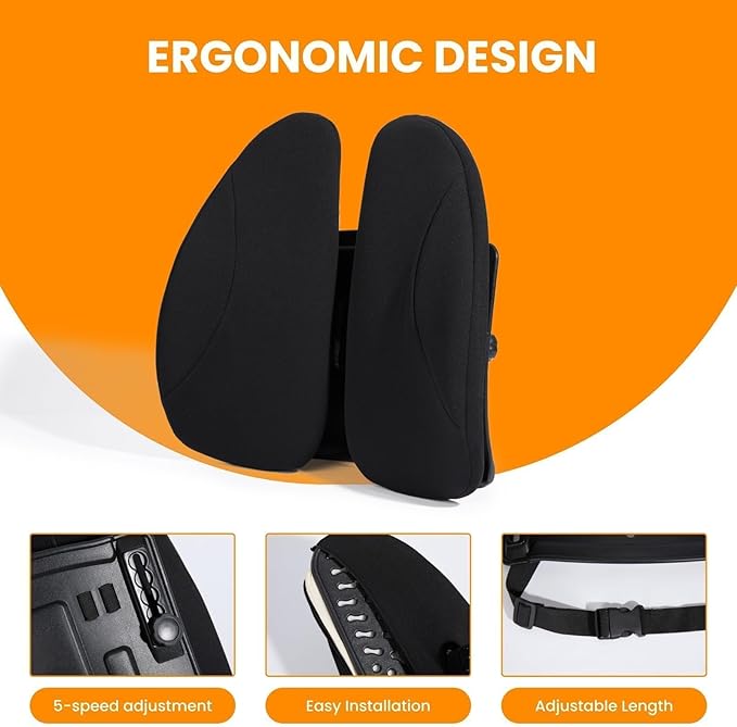 Ergonomic Back Support for Office Chair - Lumbar Pillow for Posture Correction and Lower Back Rest, Adjustable Height, Back Cushion Pad with Straps for Home, Office, Car, Black