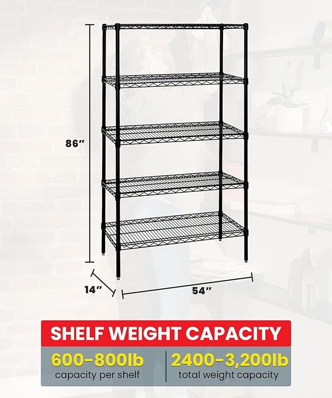 Quantum Storage Systems WR86-1454BK-5 Wire Shelving Starter Kit, 54" W x 14" D x 86" H, 540 lbs Capacity, Carbon Steel, Epoxy Coated, Black, NSF