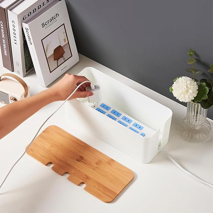 Cable Management Box with Bamboo Lid, Cord Organizer Box to Hide Wires & Power Strips, Extension Cord Power Stripe Surge Protector Wire Concealer Organizer Cover Hider (white-2pcs)