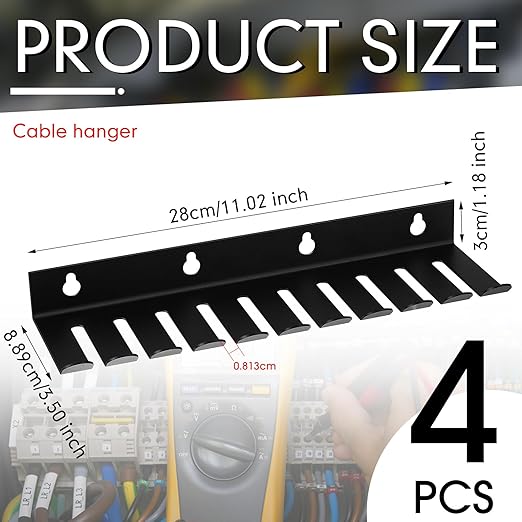 Beeveer 4 Pcs 10 Slots Wall Mountable Cable Hanger, Cable Rack Organizer Holder with Slots Width from 5-9mm, Sturdy Cables Holder Black for Cord Management Rack Home Office Studio