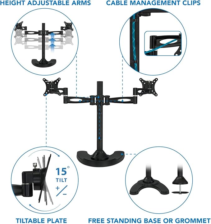 Mount-It! Dual Monitor Stand for Desk, Adjustable Monitor Stand for 2 Screens up to 27", 22 lbs Each, VESA 75x75 100x100, Full Motion Arms, Free Standing Base or Grommet Mount, MI-792