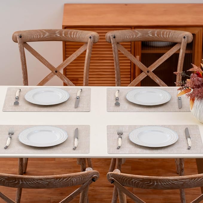 Vinyl Placemats Set of 4 - Faux Leather 100% Waterproof Oil-Proof Wipeable PU Place Mats, Heat Resistant Reversible Table Mats for Kitchen, Dining, Outdoor (Beige)