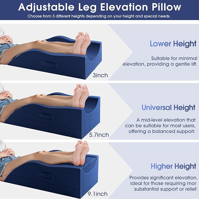 CushZone Leg Pillow, Leg Elevation Pillow with Pad and Memory Foam, Height Adjustable Bolster Pillow for Legs, Leg Pillow Elevation Blood Circulation, for Post-Surgery, Blue