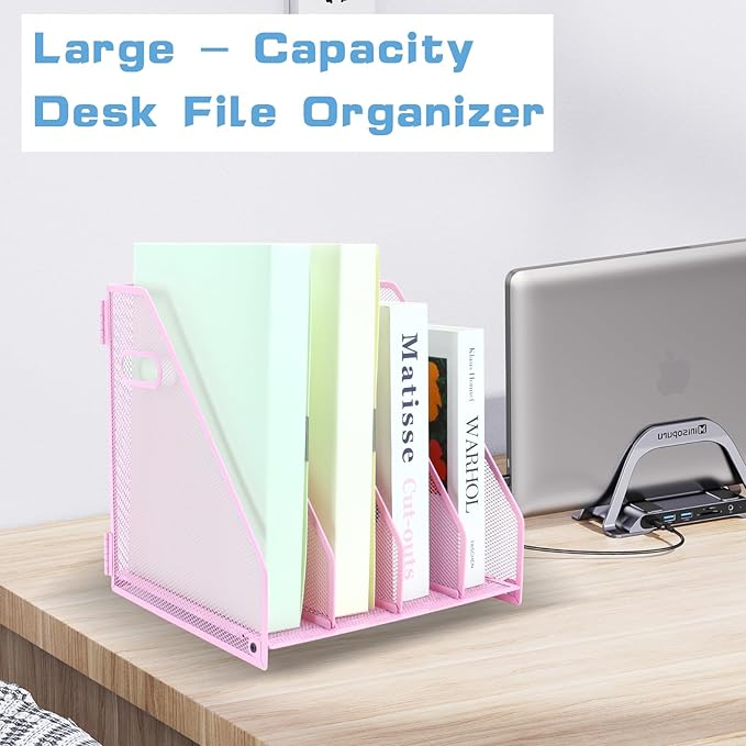 Desk Organizers Metal Magazine File Holder Racks Desktop Folder Storage Binder Organiser Document Organization for Home Office & Classroom,4 Vertical Compartments-Pink