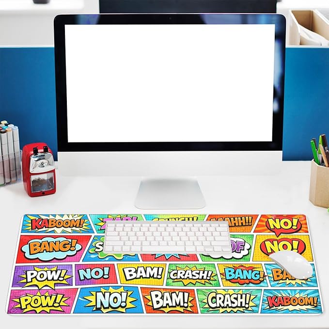 Pop Art Comic Mouse Pad, Kaboom Boom Cartoon Retro Gaming Desk Mat Extended Laptop Keyboard Non-Slip Rubber Base with Stitched Edges for Home, 31.5x11.8in Desk Home Office Gaming