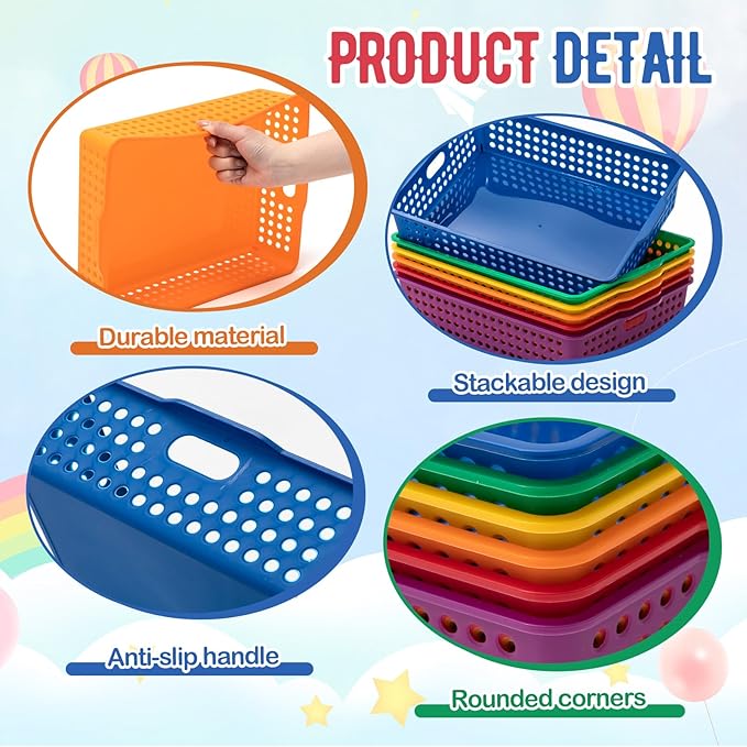 Geetery 6 Pack Classroom Storage Baskets with Handle 14''x10'' Paper Tray Holds A4 Turn in Trays Plastic Paper Baskets Desk Organizer Bin for Classroom, Library, Office, Home (Rainbow Color)