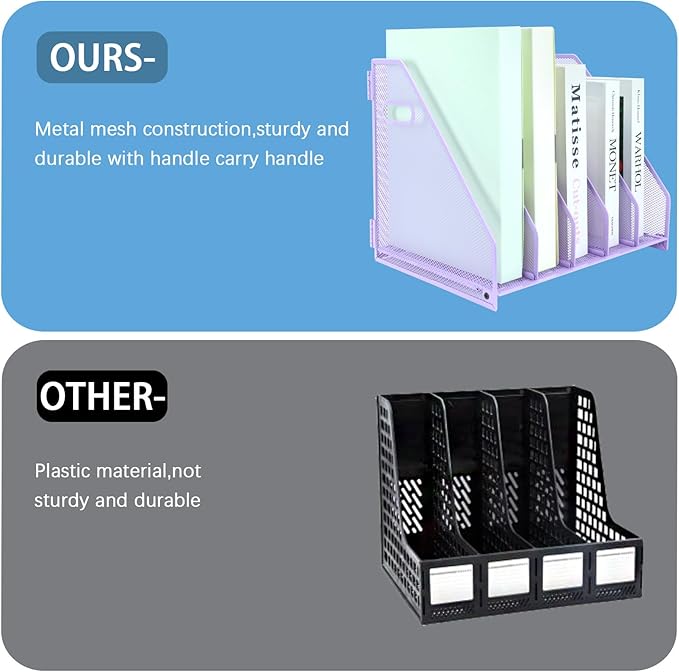 Desk Organizers Metal Magazine File Holder Racks Desktop Folder Storage Binder Organiser Document Organization for Home Office & Classroom,5 Vertical Compartments-Purple