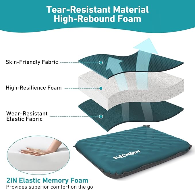 Inflatable Seat Cushion, 2 Pack Self Inflating Memory Foam Portable Stadium Seat Cushions for Bleachers Lightweight Camping Comfort Airplane Cushion for Long Flights Outdoor Events (2 Pack Blue)
