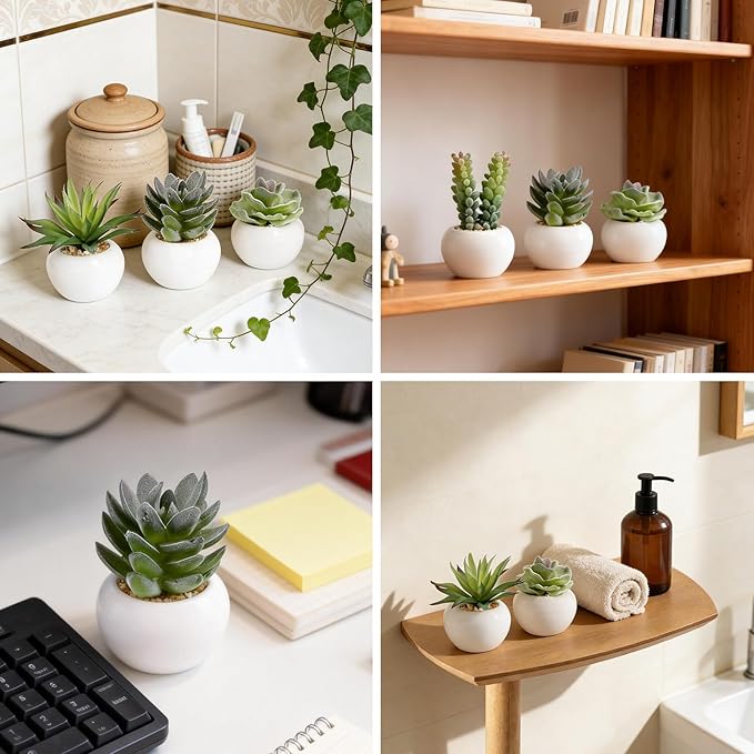 GREENTIME 6 Pcs Mini Artificial Succulents Plants in Ceramic Pots Small Fake Succulent Faux Plant Graduation Decoration Indoor Bedroom Desk Bathroom Office Living Room Table Shelf Teacher Appreciation