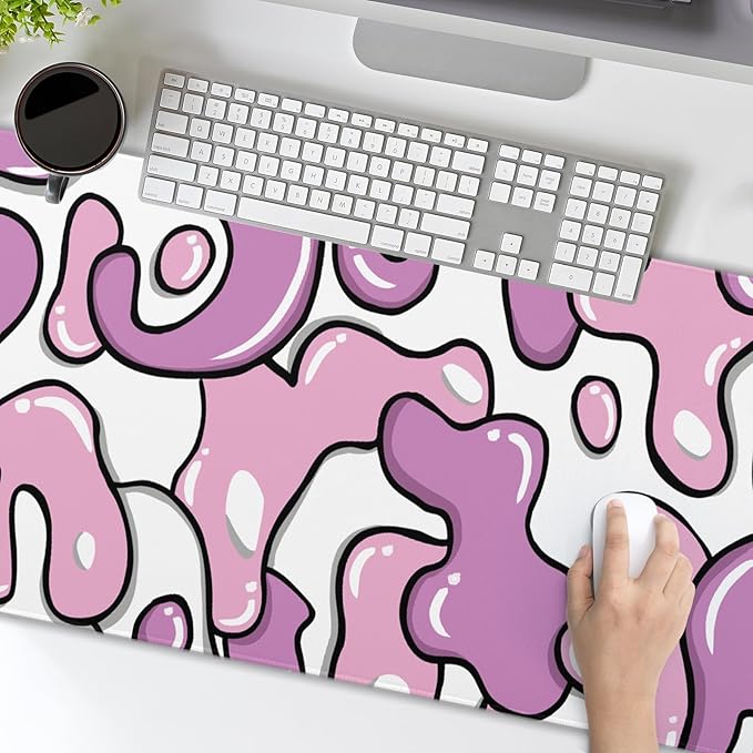 Pink White Mouse Pad XL 31.5”x11.8” Anime Cool Geometric Japanese Desk Mat Extended Keyboard PC Computer Pad Gaming with Non-Slip Rubber Base Stitched Edge Desk Pad Mouse Mat for Home Office Work