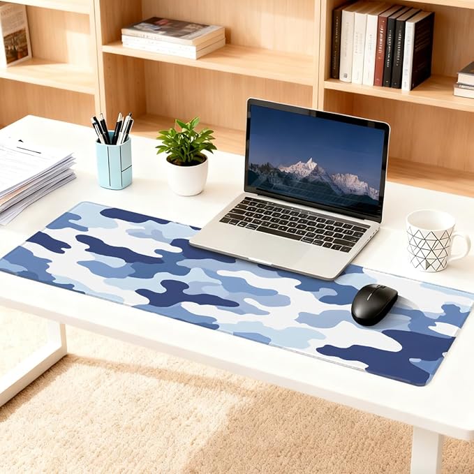 Large Mouse Pad Blue White Camouflage Non-Slip Rubber Long Gaming Desk Mat Big Computer Keyboard Mousepad Waterproof Protector Wristing Pad for Gaming Office Home Decorative 31.5 X 11.8 Inch