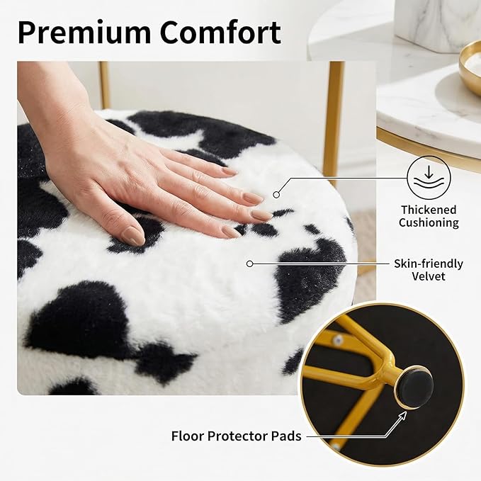 Velvet Vanity Stool, Modern Ottoman Foot Rest Stool with Adjustable Golden Legs, Makeup Chair for Vanity, Multifunctional Makeup Stool for Vanity, Small Vanity Chair for Bedroom, Cow