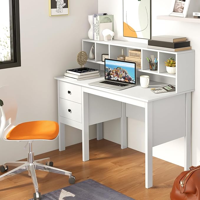 Giantex White Desk with Drawers & Hutch, Home Office Desk with Charging Station, 5 Storage Cubbies, Makeup Vanity Table, Modern Study Writing Desk, PC Laptop Desks, Computer Workstation for Bedroom