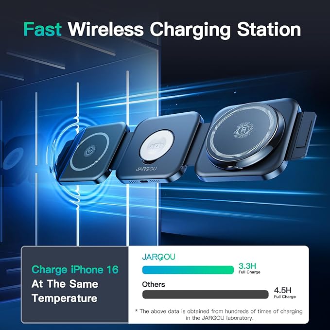 Travel Essentials for Apple Watch Charger,3 in 1 Charging Station for Apple Devices,Foldable Wireless Charging Station for iPhone 17/16/15/14/13/12, Apple Watch & AirPods with Magsafe Charger Stand
