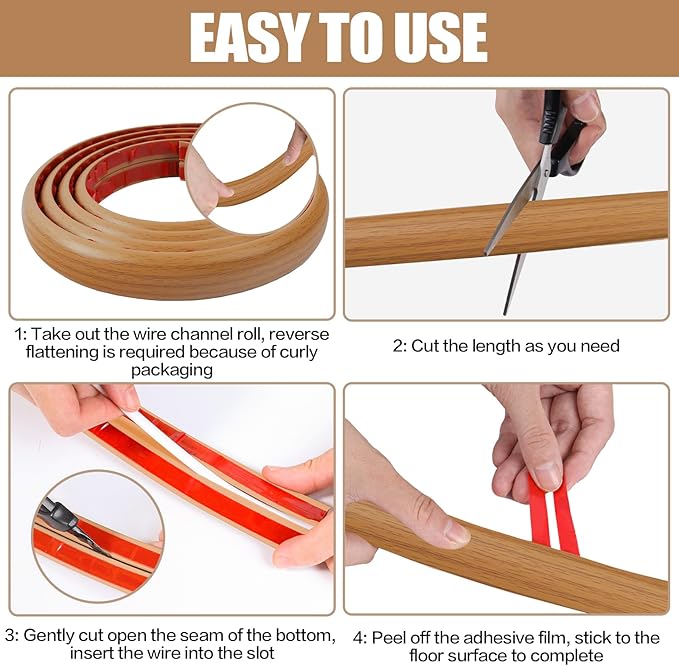 Floor Cord Cover Self Adhesive Cord Hider,10FT Cable Management, Extension Strip Protector for Wires, Prevent Cable Trips for Offices, Gyms, Exhibitions Cavity 0.39"(W) x 0.27"(H) BrownWood