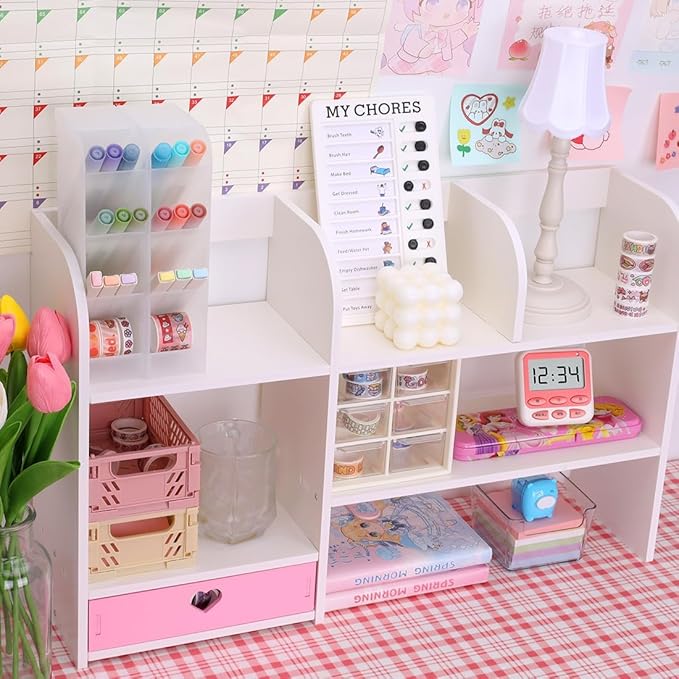 Cute Bookshelves Cute Bookshelf for Desk Kawaii Desk Organizer with Drawer Office Desk Organizers and Accessories Storage Home Decor Display (Pink)