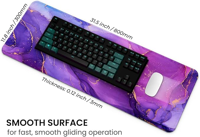 MAY FLOWER Gaming Mouse pad, Large Laptop Mousepad, Full Keyboard Mat, Long Computer Mouse Mat for Home and Office, Anti-Slip Rubber Base, 31.5 x 11.8 Inches (Purple Marble)
