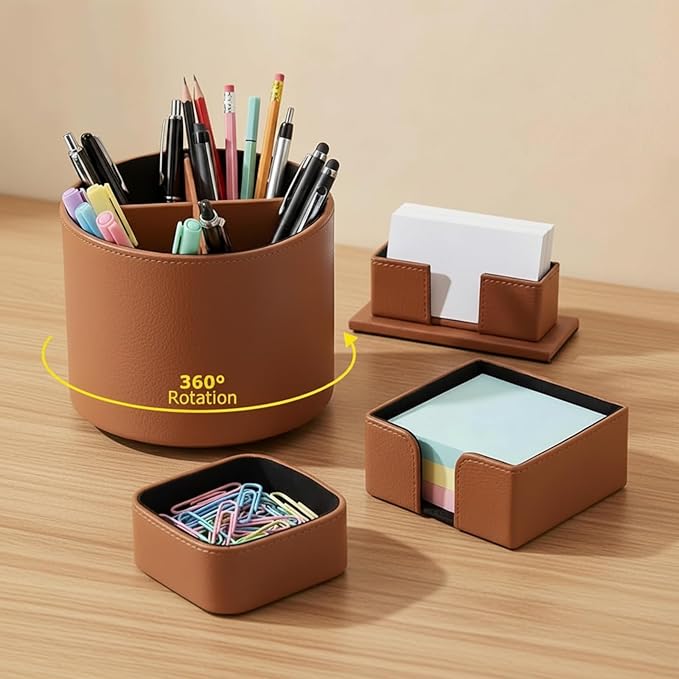 4 Pcs Rotating Leather Pen Holder Organizer Office Desk Accessories Set with Business Card Sticky Note Holder Paperclip Storage Desktop Storage Supply for Teacher Back to School Gift(Brown)