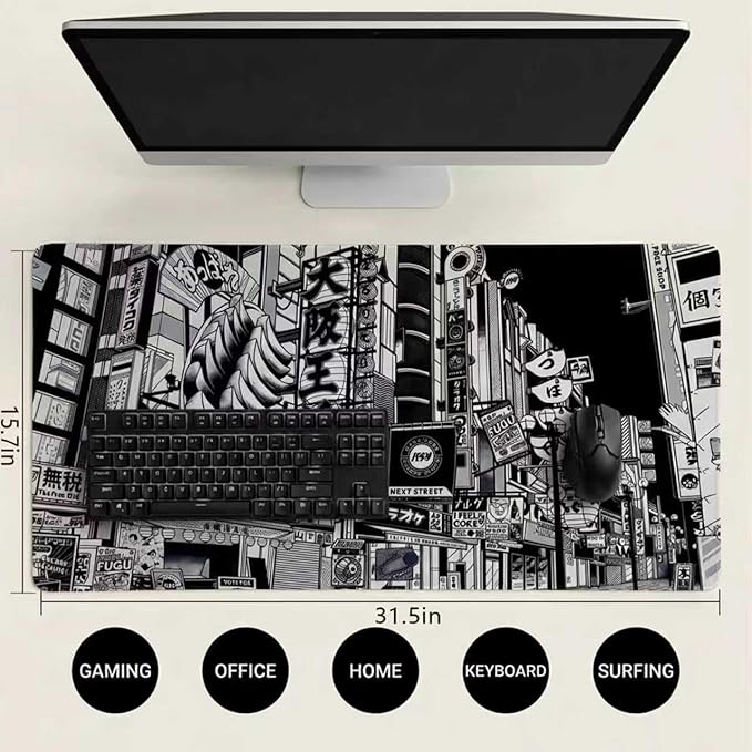 Japanese Street Gaming Mouse Pad Large,Anime Mousepad Gaming Mouse Mat,31.5 x 15.7 Desk Mat Anime Mouse Pad for Desk,Extended Keyboard Mousepad with Non-Slip Base and Stitched Edge 800X400X4mm