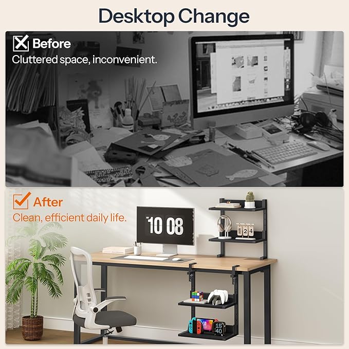 HOOBRO Clamp On Desk Shelf, 2-Tier Desktop Organizer, Space-Saving Desk Shelf with Adjustable Shelves, for Office, Study, Entertainment Accessories, Black BK32SJ01