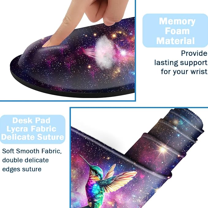 Ergonomic Mouse Pad Set with Wrist Support for Keyboard and Wrist Rest for Mouse, Memory Foam Comfort, Non-Slip Large Desk Mat for Home Office Pain Relief,Space Hummingbird