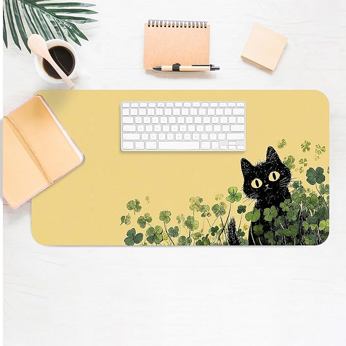 Clover Mouse Pad PU Leather Black Cat Desk Mat Large Waterproof Gaming Pad Non-Slip Keyboard Mouse Pad Writing Pad for Gamer Office&Home