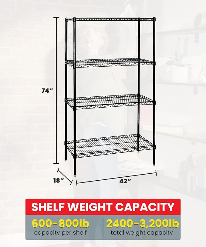 QUANTUM STORAGE SYSTEMS WR74-1842BK Starter Kit Wire Shelves Black Epoxy 4 Shelves 74" H x 42" W x 18" D